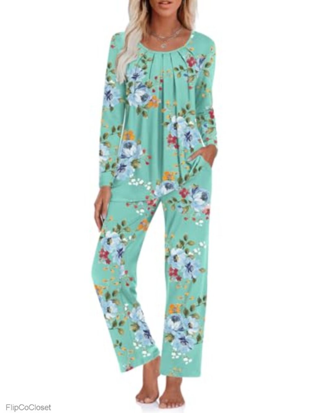 Womens 2 Piece Pajama Set Long Sleeve Top and Pants with Pockets Sleepwear